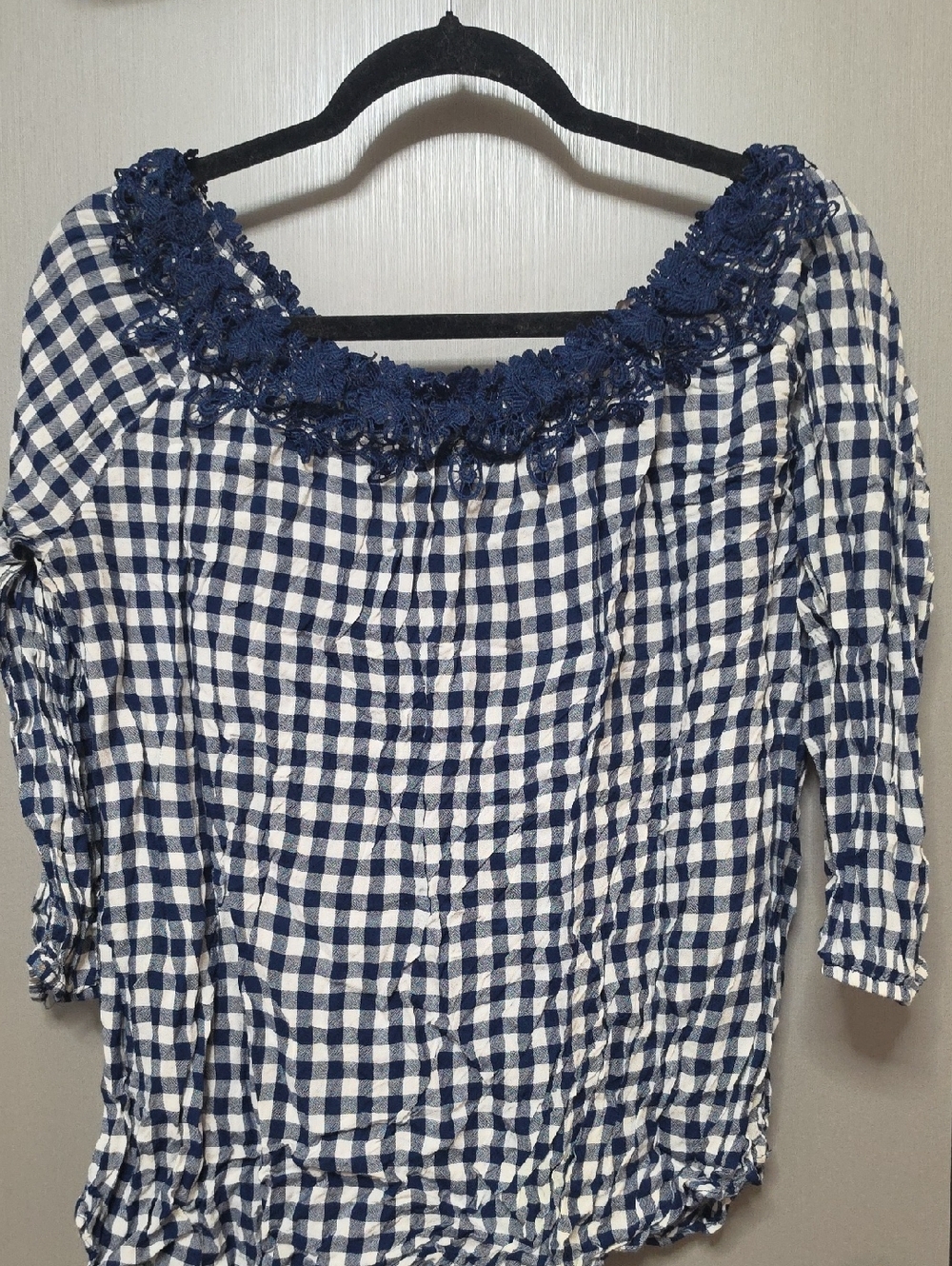 Counterparts Womens Navy and White Gingham Lace-Trim Blouse Size XL